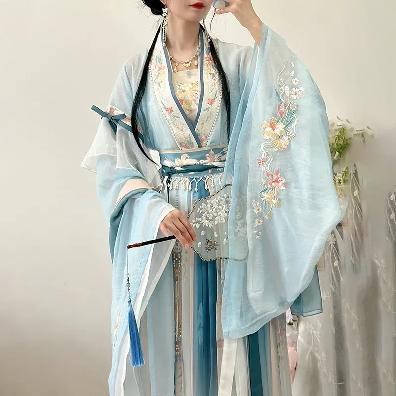 Saia bordada hanfu vestido feminino tradicional chinês hanfu feminino halloween carnaval cosplay traje festa hanfu vestido verde azul