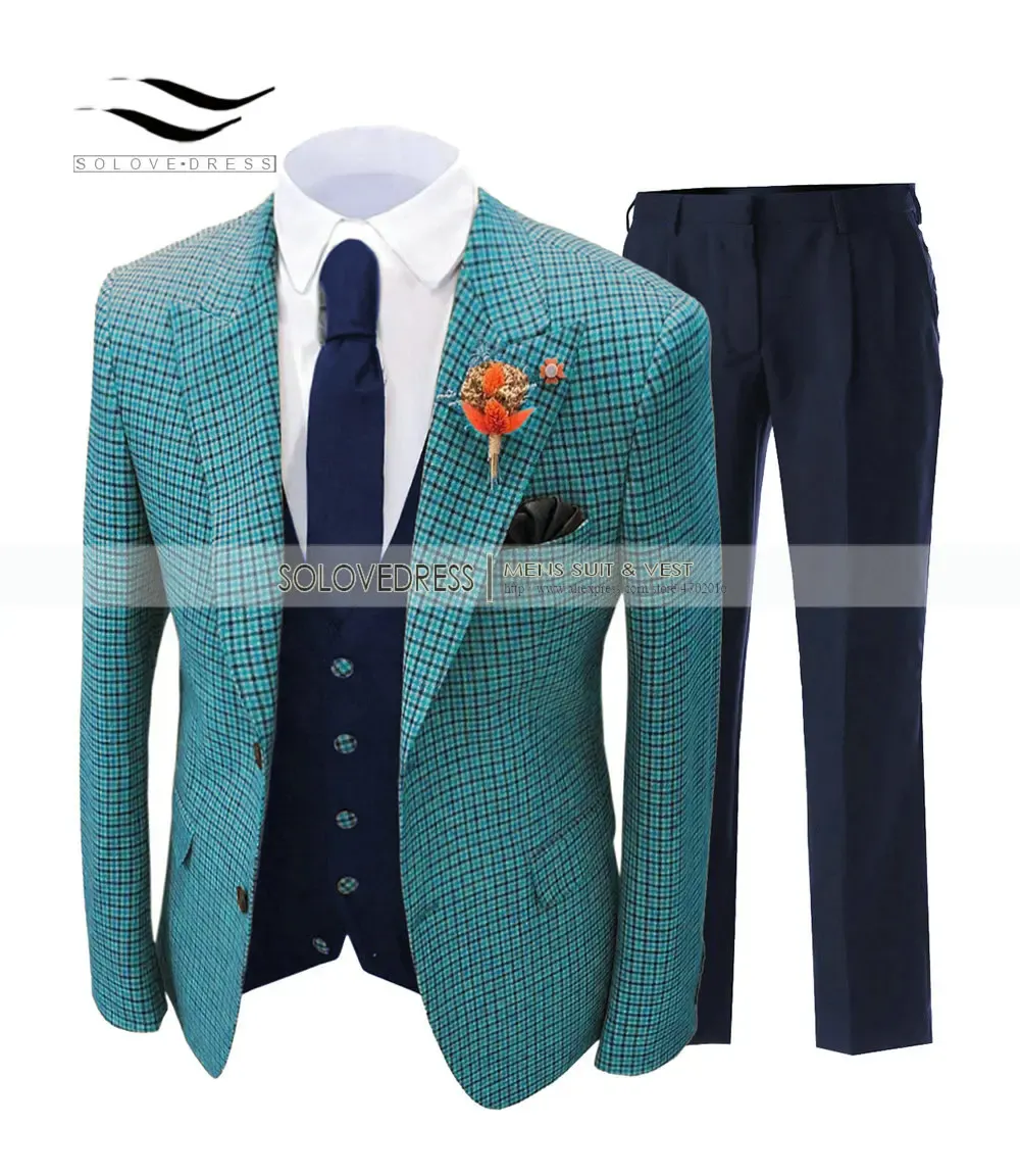 Ternos masculinos ternos cerceta formal regular ajuste lã xadrez tweed baile smoking 3 peça terno sólido melhor homem para casamento (blazer + colete + calças)