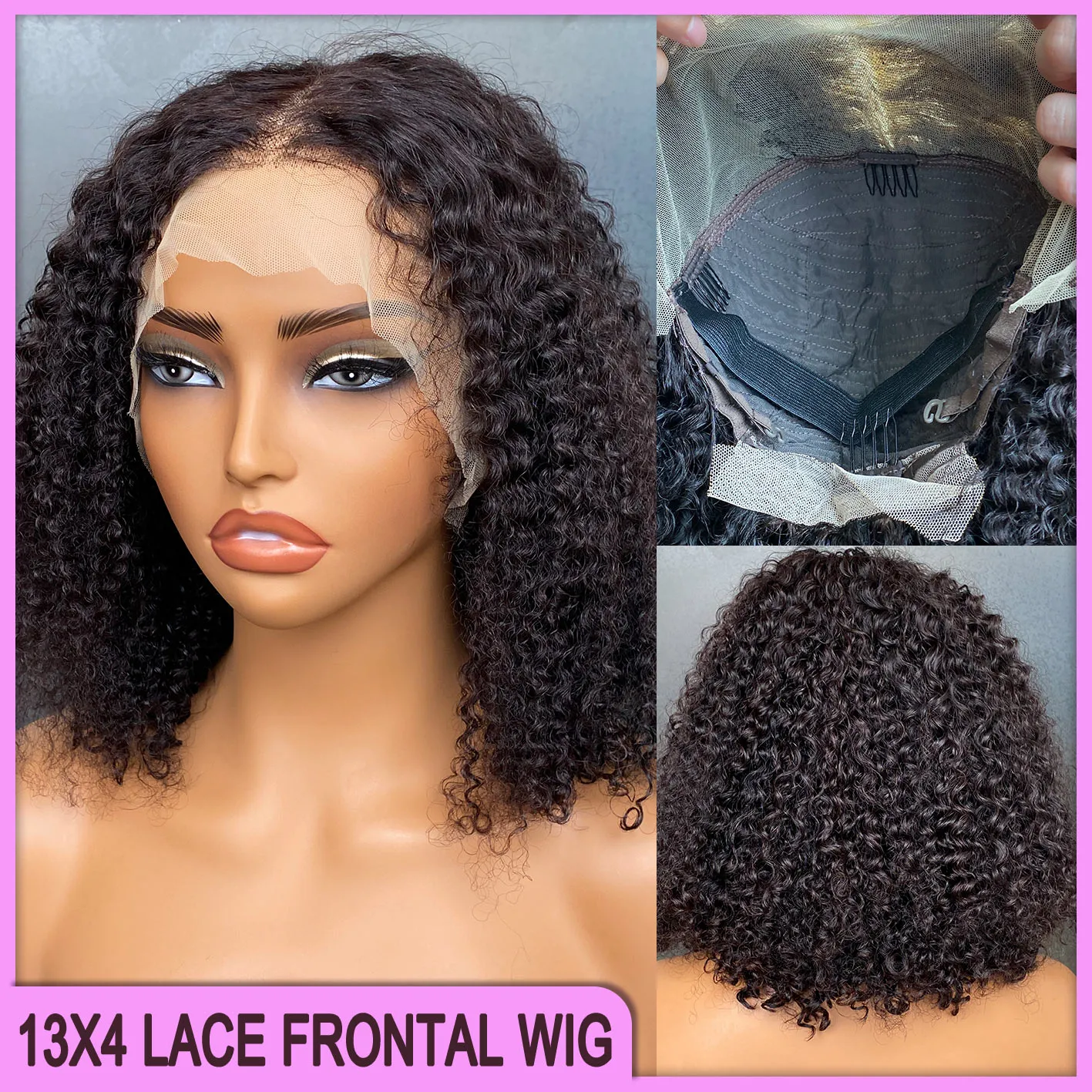 À venda malaio peruano brasileiro natural preto kinky encaracolado 13x4 peruca frontal do laço transparente 100% cru virgem remy grosso cabelo humano