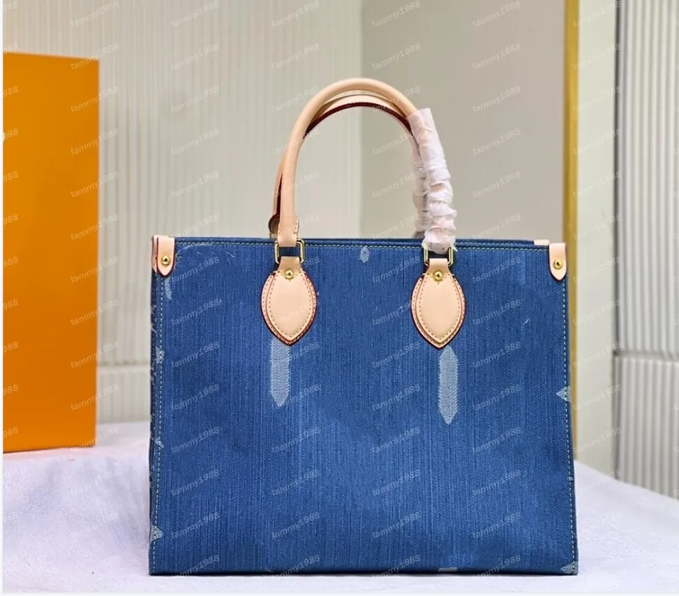 Denim Canvas Tote Bag Shopping Bags Women Handbag Genuine Leather Handle Top Quality Internal Zipper Pocket Classic Letter Print Designer Shoulder Purse 46871