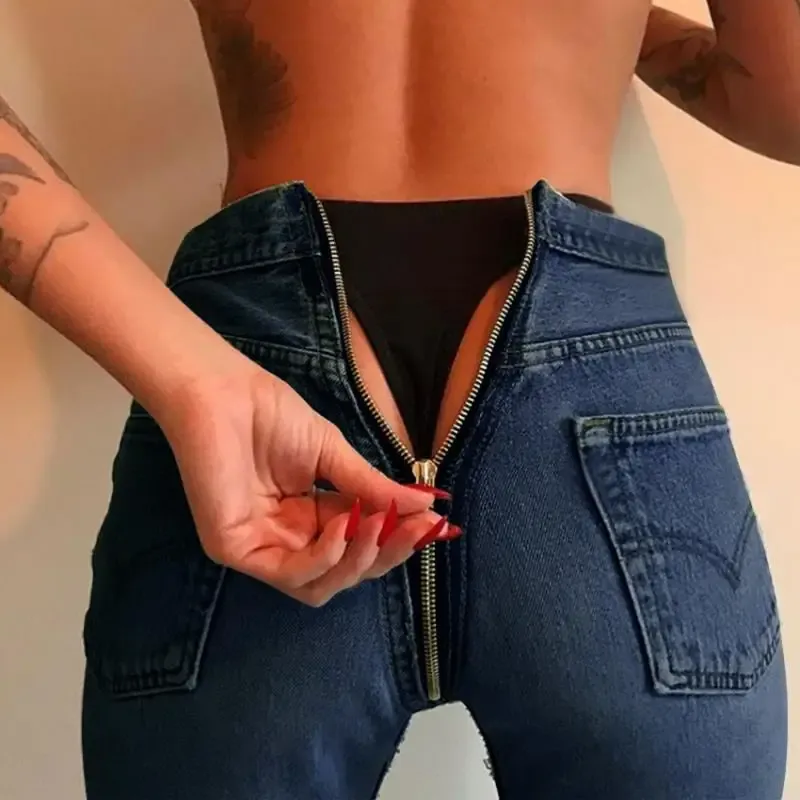 Jeans Sexy Back Zipper Women's Slim Fit Jeans 2023 Solid Color Slim Fit Cotton Jeans with Mid Waist Zipper Personalized Women's
