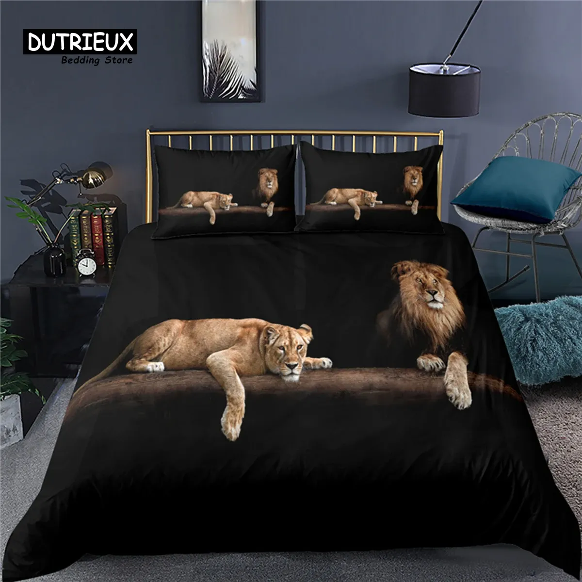 Conjunto de luxo 3D Animal Tiger Lion Print Home Living Living confortável Conjunto de brophcase Conjunto de roupas de cama Rainha e rei UE/EUA/Au/Tamanho do Reino Unido cortinas