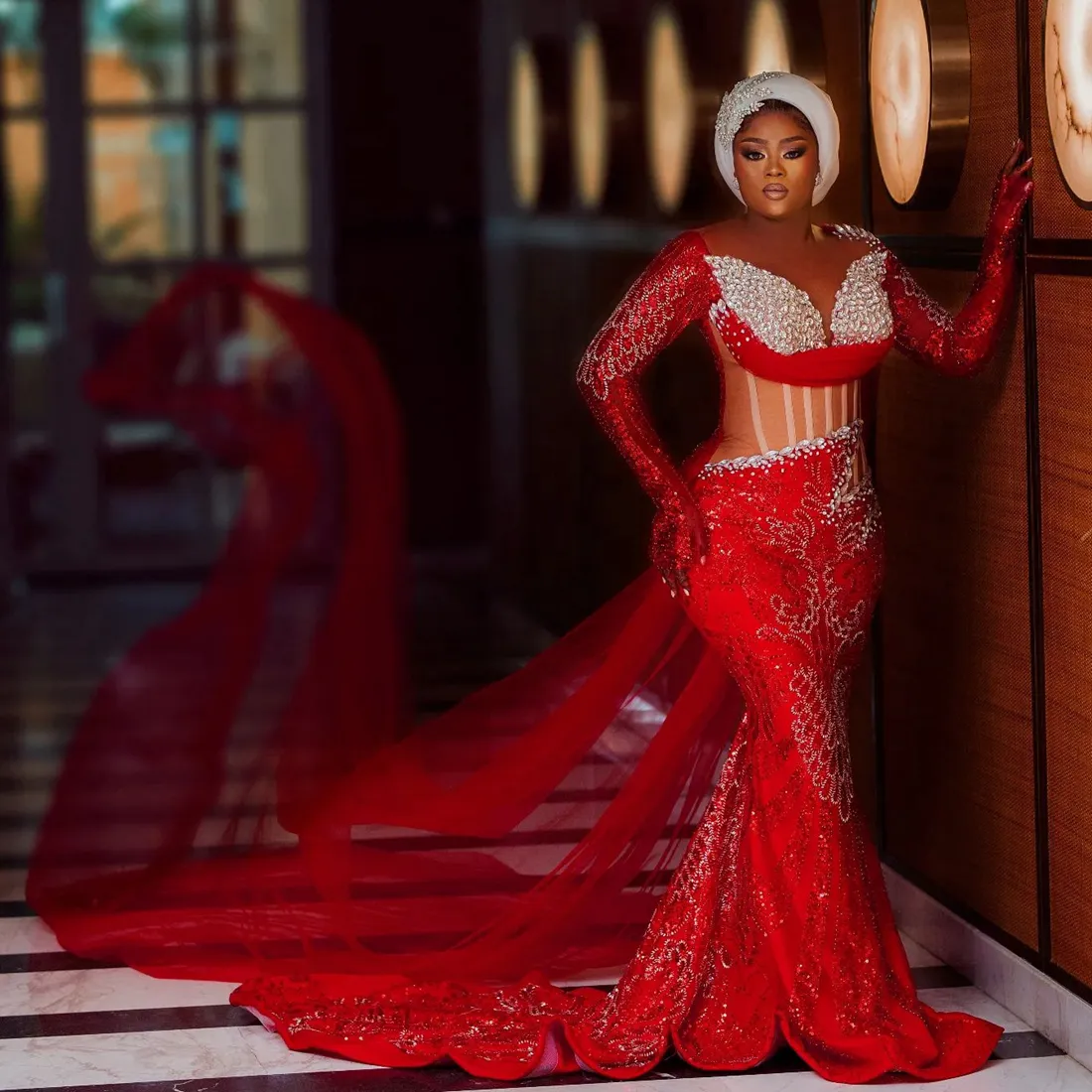 Luxe Aso Ebi grande taille robes de bal robes de soirée élégantes pour des occasions spéciales manches longues col transparent sirène robes formelles robe d'anniversaire en dentelle perlée AM439