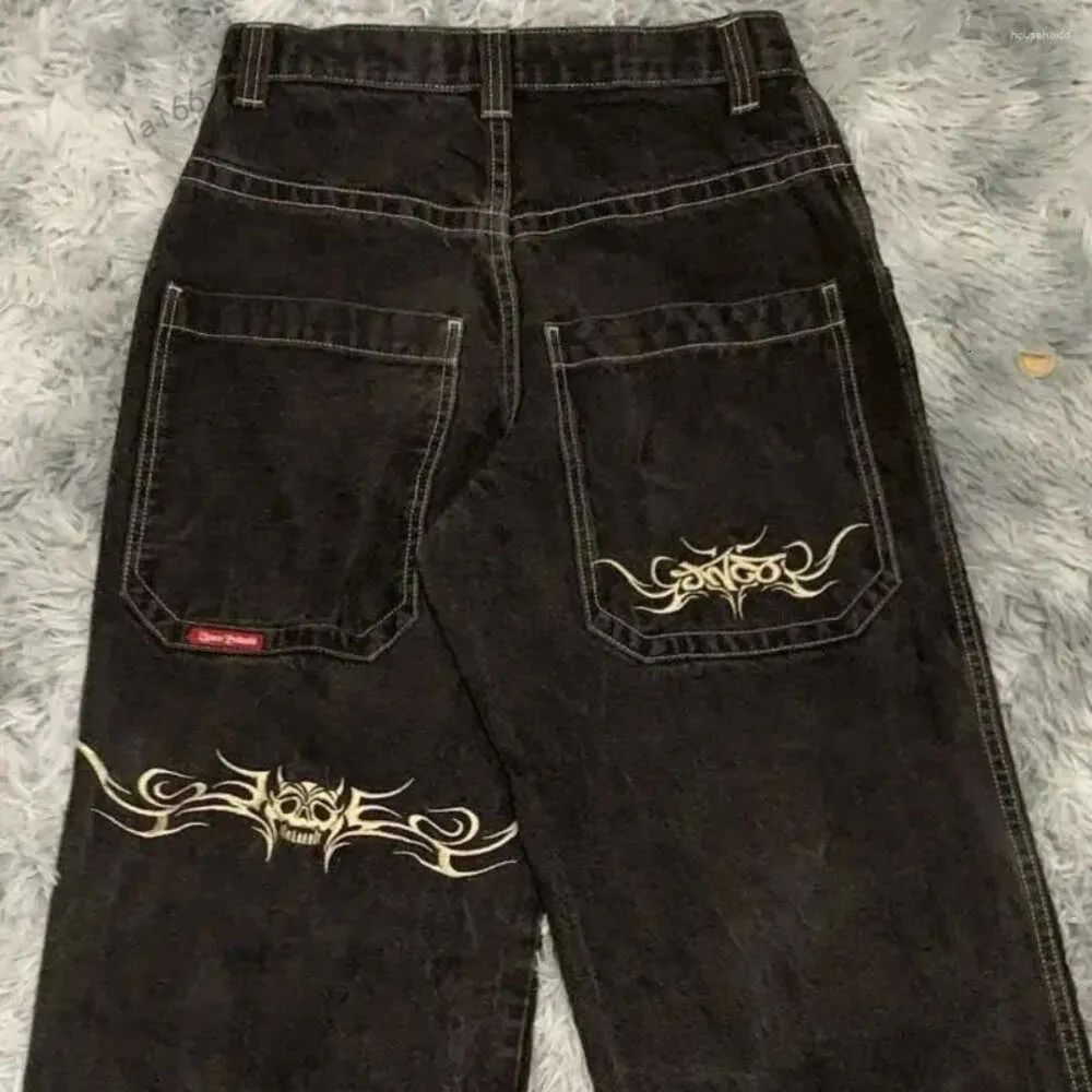 2024 calças de brim masculinas y2k hip hop retro gráfico bordado baggy preto calças masculinas gótico cintura alta calças largas moda