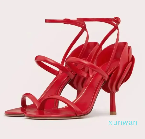 Nouvelle fleur embelli talon aiguille sandale 1959 ln veau femme rouge pur cheville sandale à talons hauts chaussures de luxe designer mode chaussures de soirée de mariage
