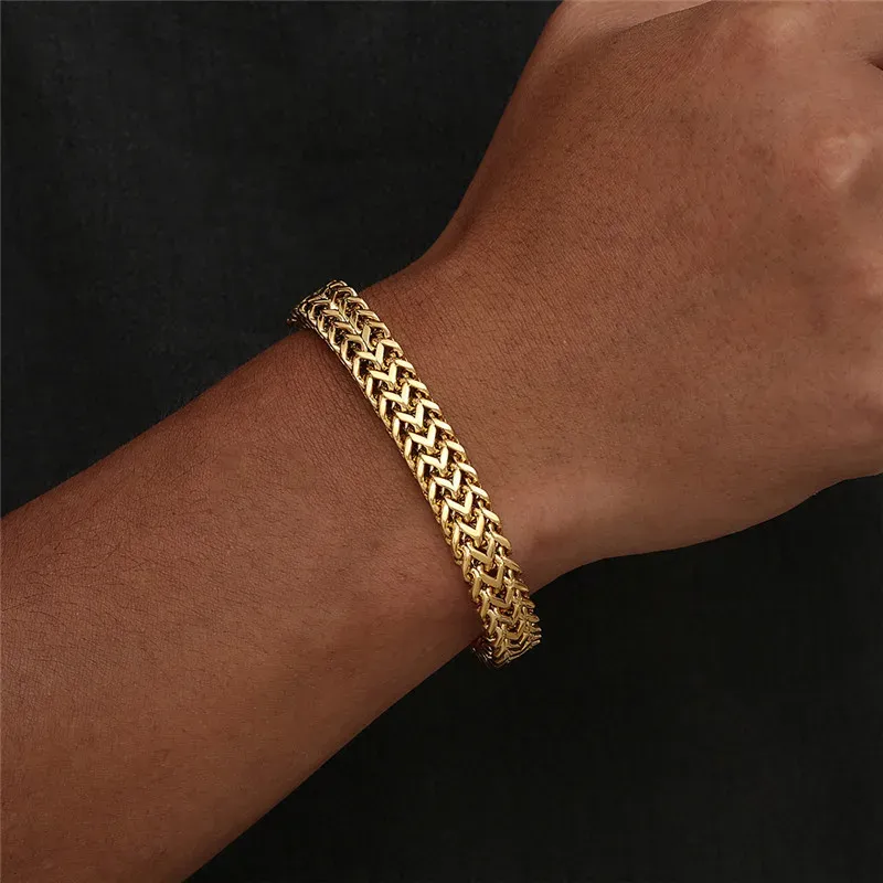 Classic Double Row Front and Reverse Chain Four Sides Grinding Hip Hop Thick 14k Yellow Gold Bracelet Jewelry