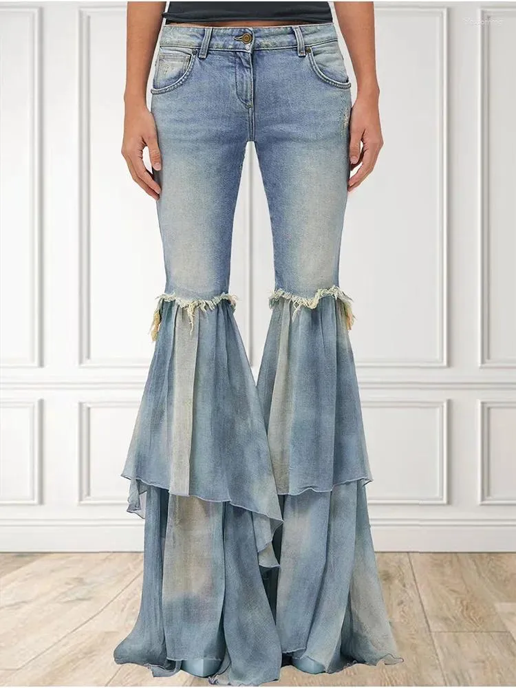 Damen Jeans Damen Denim Flare Mode Licht gewaschen Quaste gespleißt geschichtete Rüschen Hosen Herbst lässig Vintage High Street Hose