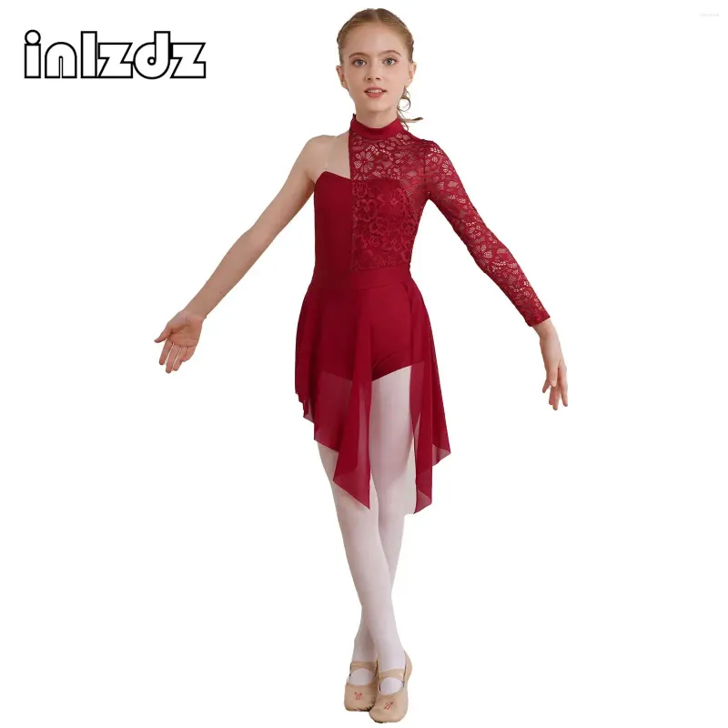 Stage Wear Kids Girls Floral Lace Modern Lyrical Dance Dress Asymmetrical Shoulder Ballet Gymnastics Leotard Latin Jazz Cha-cha Dancewear