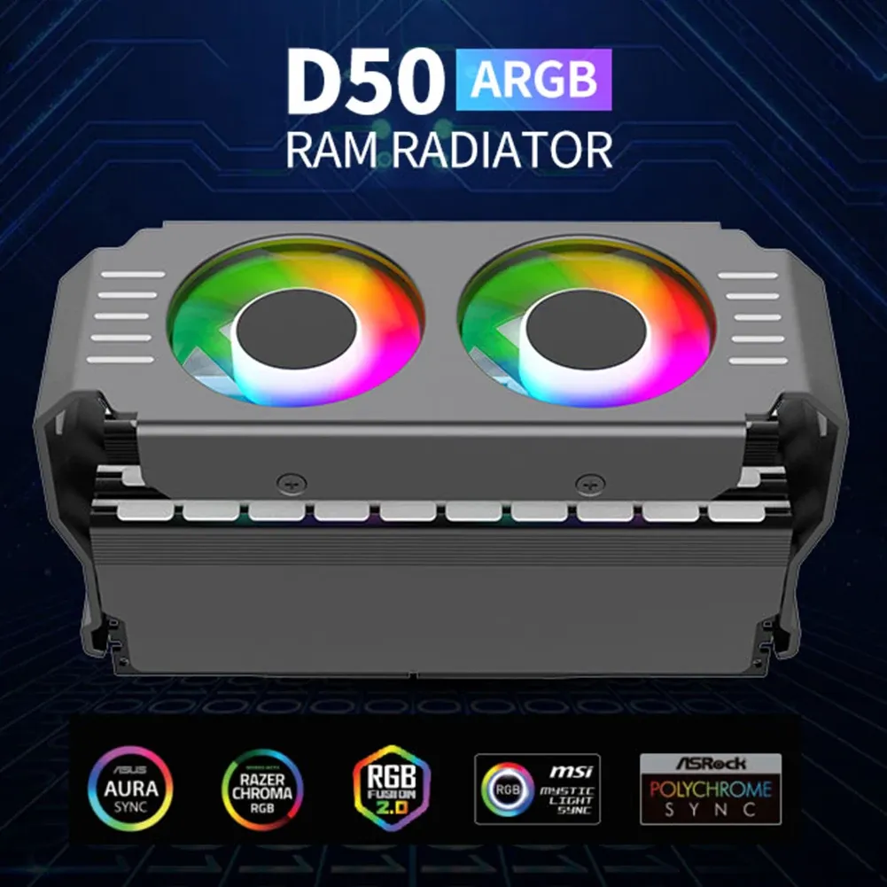 Охлаждающий охлаждение RAM Argb Cooler 5V 3PIN Computer Case Module Card Card Radiator DDR5 с двумя вентиляционными аксессуарами для ПК с двумя вентиляторами