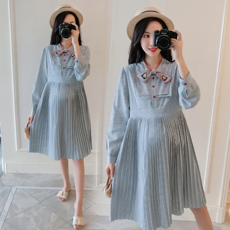 Dresses 5657# 2022 Autumn Korean Fashion Maternity Dress Elegant A Line Pleated Loose Clothes for Pregnant Women Pregnancy Clothing