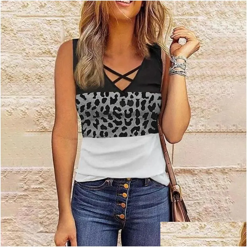 Blusas femininas camisas com decote em v alças cruzadas sem mangas colete de verão fino ajuste respirável leopardo impressão costura tarambola camiseta streetwear otknh