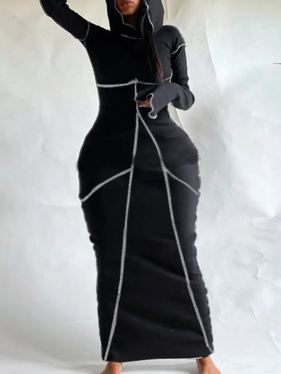 Lw artı beden seksi kadınlar sonbahar elbise kapşonlu yakalı çizgili vücutcon zarif siyah gövde uzun kollu ter elbiseler 240228