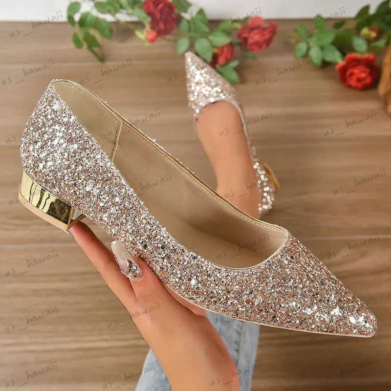 Dress Shoes Gold Low Heels Pumps Women 2023 Spring Shiny Sequins Pointed Toe Party Shoes Woman Plus Size Simple Thick Heeled Bride Shoes T240302