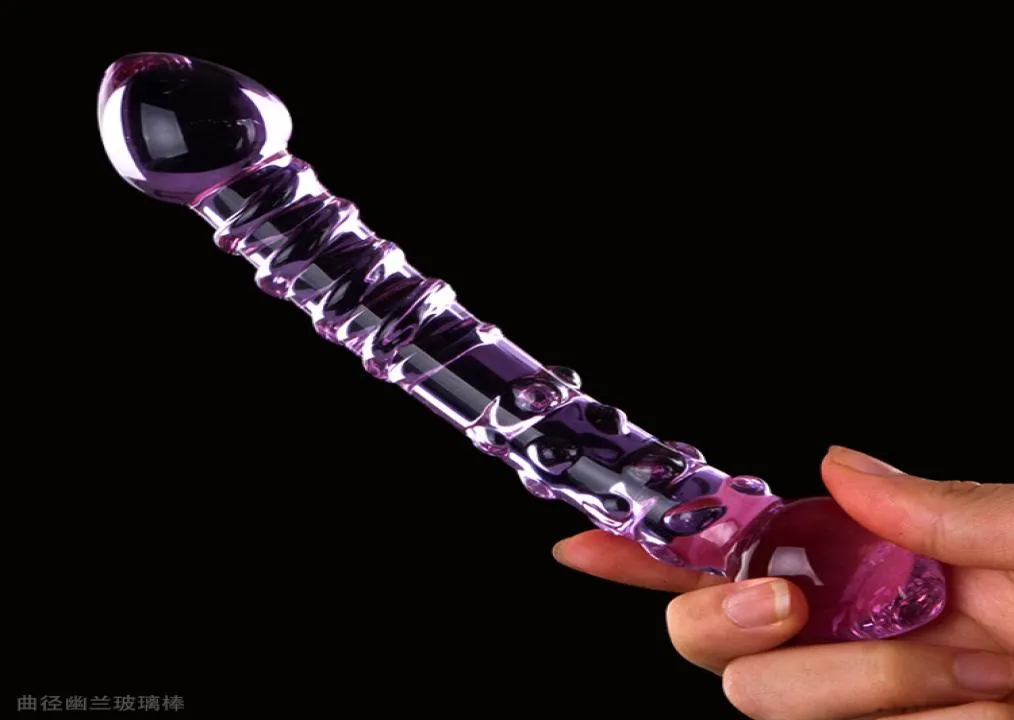 Ny dubbel Ended Crystal Purple Pyrex Glass Dildo Artificial Penis Granule and Spiral G Spot Simulator Adult Sex Toys For Woman Y8241318