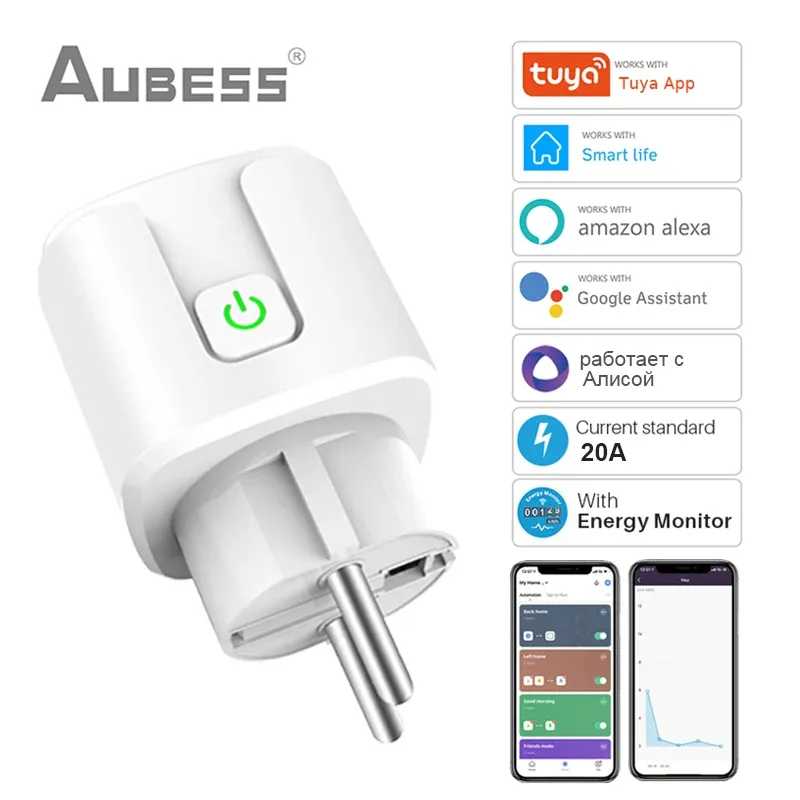 Kontroll Aubess 20A Tuya WiFi EU Smart Plug Smart Home Power Monitor Trådlöst Socket Remote Voice Control Alexa Google Home Yandex Alice