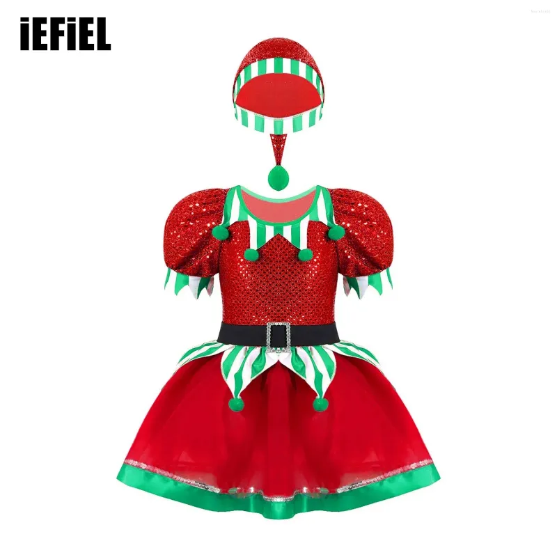 Vestidos de menina crianças meninas natal elf cosplay traje lantejoulas pompons adornado malha tutu vestido com chapéu