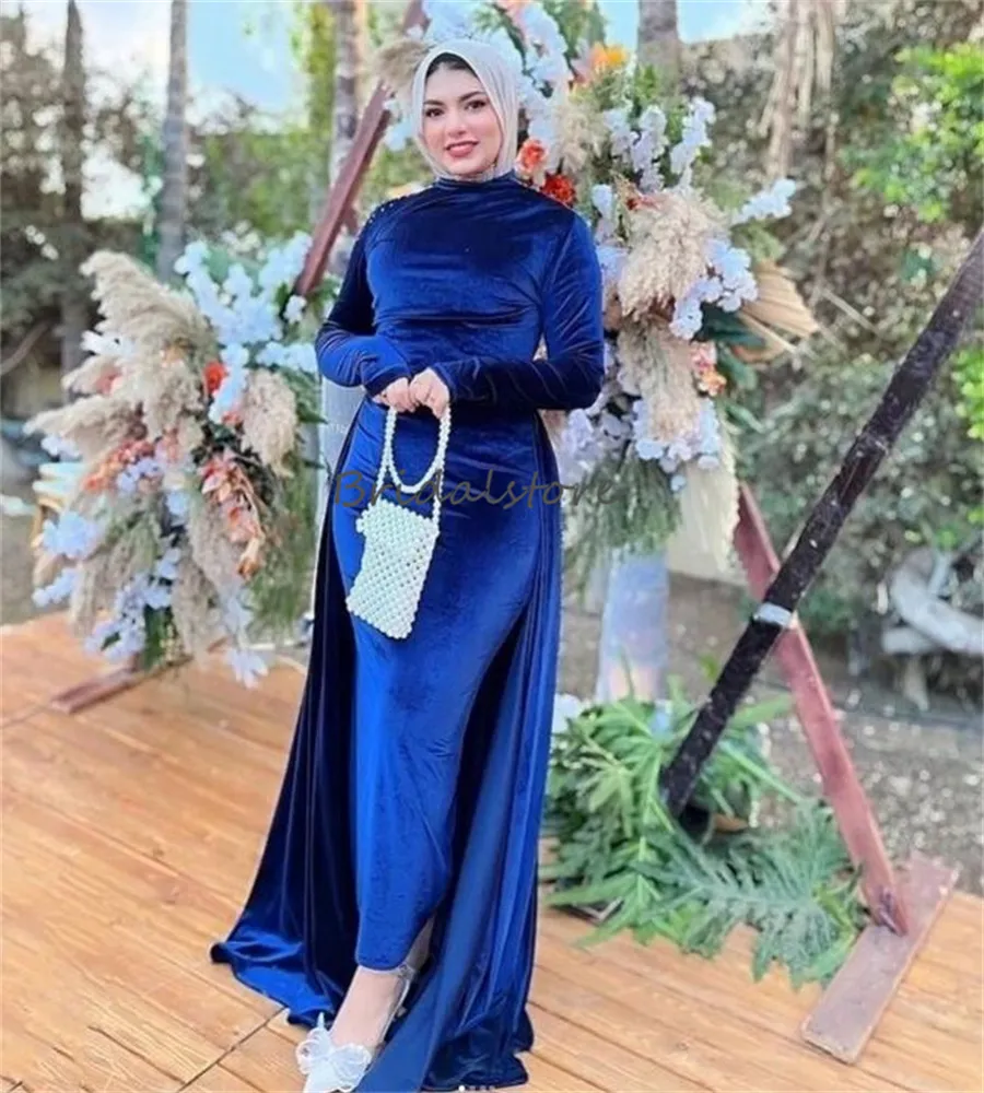 Vintage Bleu Velours Robe De Soirée Musulmane 2024 Élégant Surjupe Sirène Robes De Bal Perlée À Manches Longues Abaya Dubaï Formelle Arabe Robes De Fiesta Fête D'anniversaire