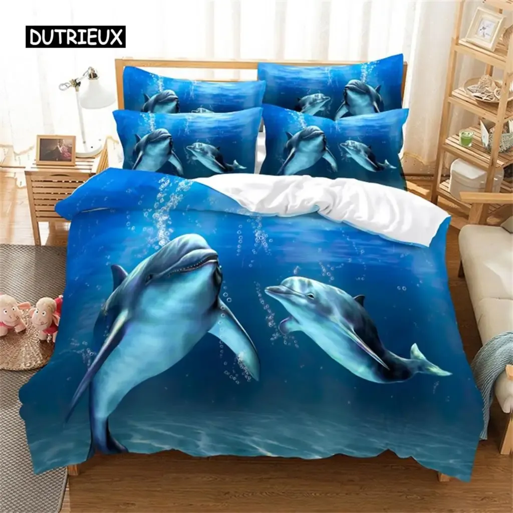 Set Lovely Dolphin Duvet Cover Blue Ocean Sea Animal Bedding Set Queen King Size Comforter Cover for Women Girls Bedroom Decoration Sheer Curtains