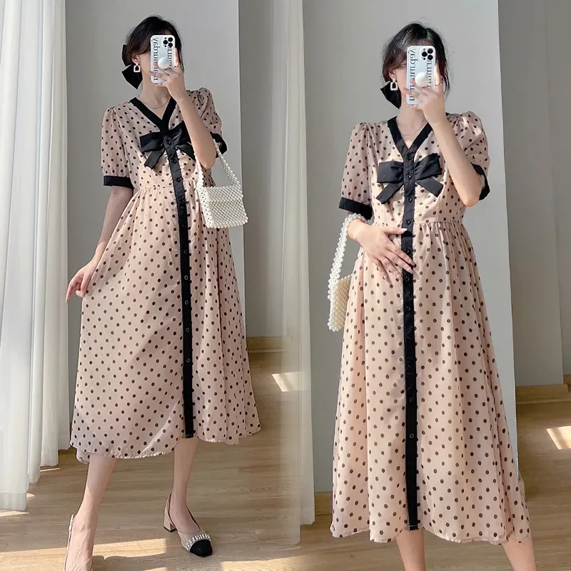 Kuddar 8927# Summer Korean Fashion Dot Printed Maternity Long Dress Elegant Chic Ins A Line Slim Clothes for Pregnant Women Pregrincy