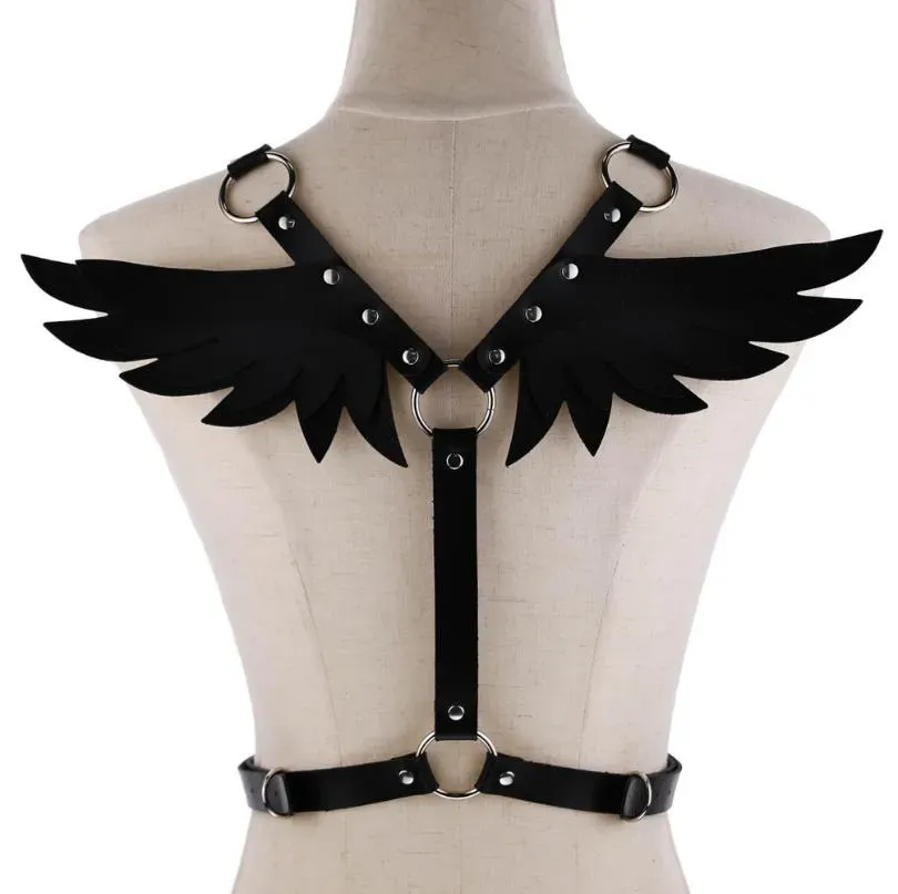 Sexy Women Punk PU Leather Chest Body Harness Waist Straps Wings Corset Bustier Cosplay Clubwear Costume