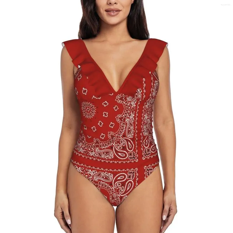 Maillots de bain pour femmes Red Bandana Print Deep-V Ruffle Maillot de bain One Piece Beach Wear Monokini Crips Bloods BMX Blood