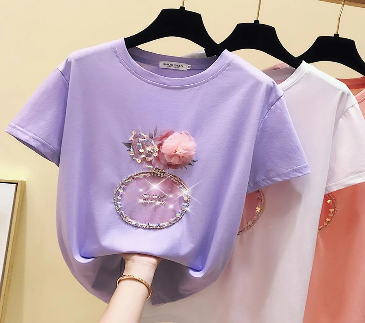 Women039s T-shirt Zomer Roze T-shirt Vrouwen Tops Kawaii Wit T-shirt Koreaanse Kleding Korte Mouw Casual Paarse Pailletten Diamant 2153187