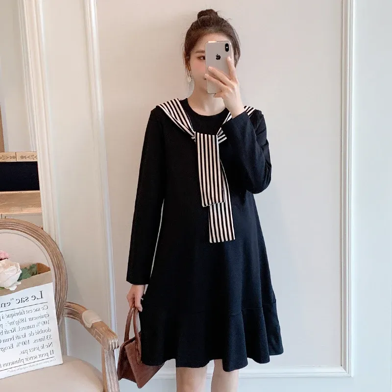 ドレスマタニティ秋のドレス長袖セーラーカラーパッチワーク妊婦ブラックドレスプラスサイズの女性服卸売
