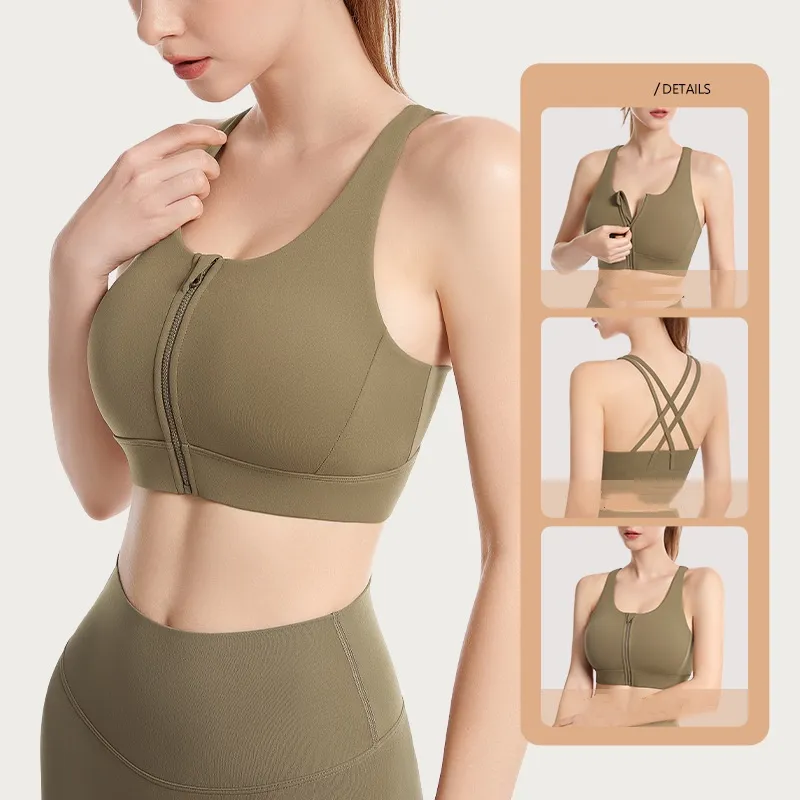 Lu – soutien-gorge de sport pour femmes, fermeture éclair sur la poitrine, bonnet une pièce, nouveau produit, dos croisé, beauté, haute résistance, antichoc, Fitness