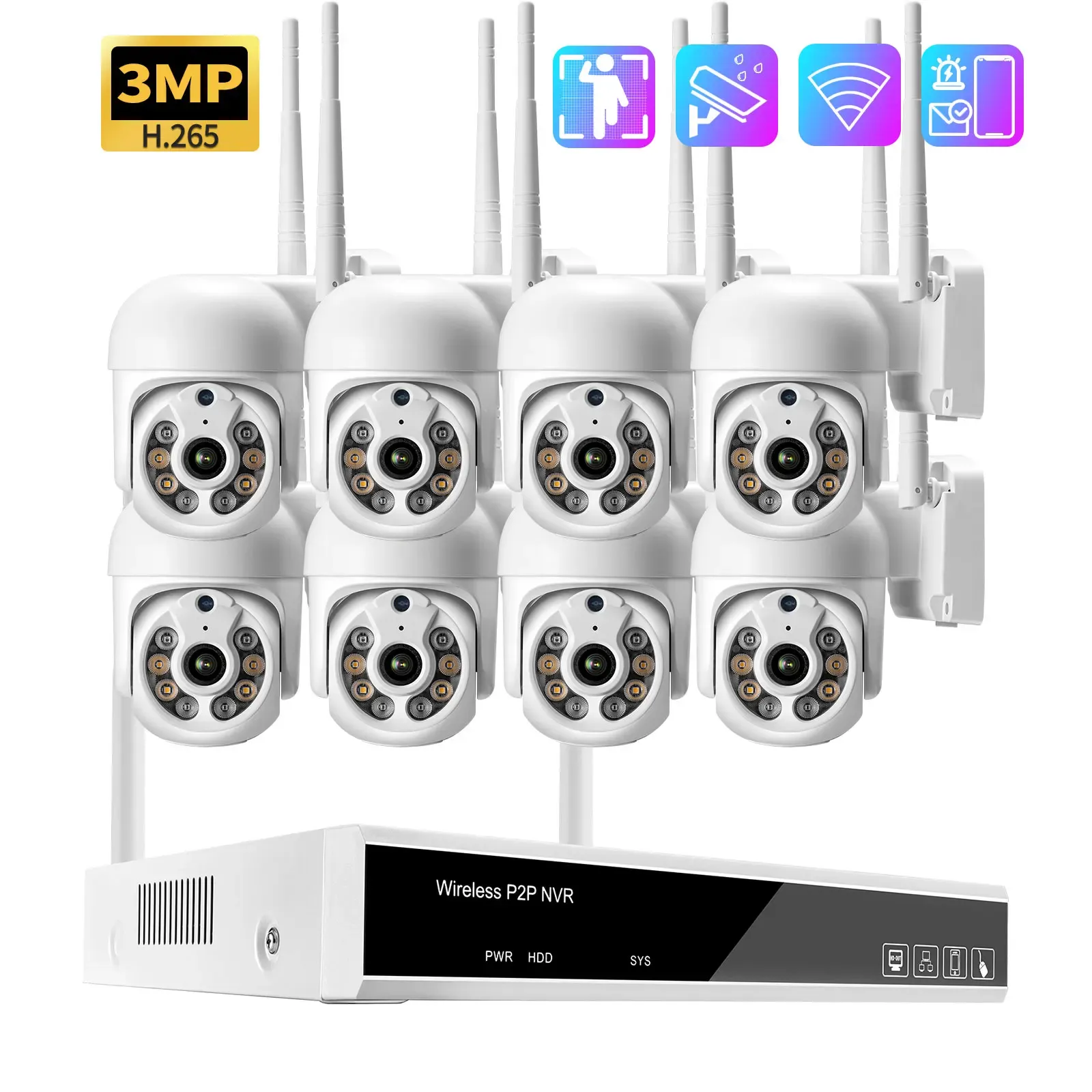 System 8CH 3MP HD Display PTZ Wireless CCTV System Color Night Vision P2P IP Security Camera Outdoor NVR Video Surveillance Kit