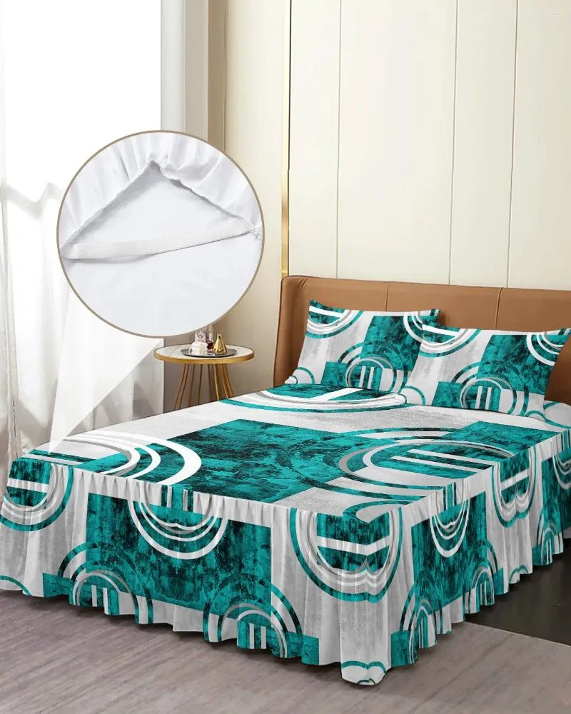Jupe de lit abstraite rétro géométrique Texture marbre, couvre-lit ajusté vert avec taies d'oreiller, housse de matelas, ensemble de literie, drap