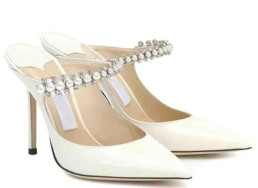 Yeni yaz markası bing baily gelinlik ayakkabıları yüksek topuk kadın topuklu kristal inci kayış kadın pompaları ayak ayak parmağı seksi bayan yürüyüş topuklu ayakkabı eu35-43 kutu