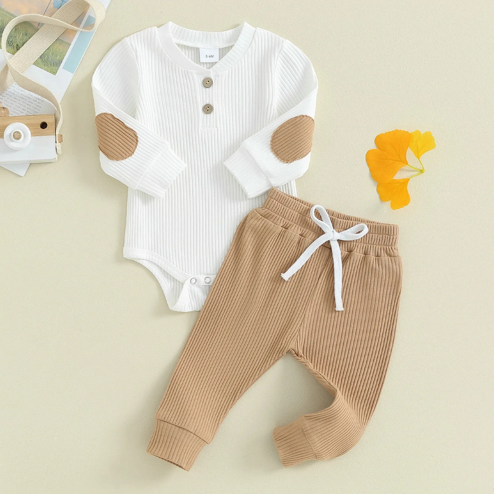 Spring Baby Clothes Ribbed Casual Kids Girls Boys Outfits Long Sleeve Crew Neck Contrast Color Romper with Pants Fall Outfit 240226