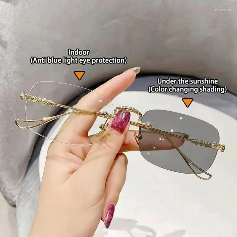 Sunglasses 2024 Fashion Golden Metal Rimless Color Changing Glasses Anti-Radiation Pochromic Eyeglasses Women Men Unisex