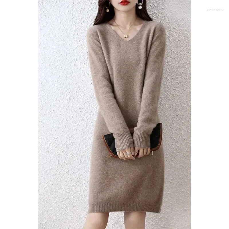 Casual Dresses Wool Seamless Long Skirt Autumn And Winter Elegant Women's Pullover High End V-Neck Sweater Knitted Loose S-XXL