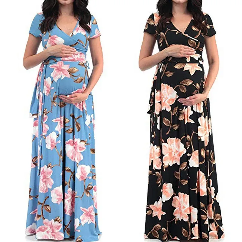 Dresses Summer Maternity Dress Women Floral Printed Short Sleeve Vneck Long Dress Pregnant Casual Clothes Beach Dress Vacation Dress