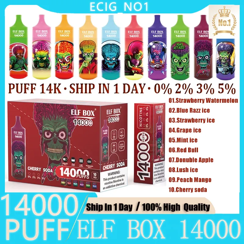 Orijinal elf kutusu 14000 puf tek kullanımlık E Sigara 1.0ohm örgü bobin 25ml Pod Pil şarj edilebilir elektronik CIGS puf 14k 0% 2% 3% 5% 5 tek kullanımlık vape çubuğu