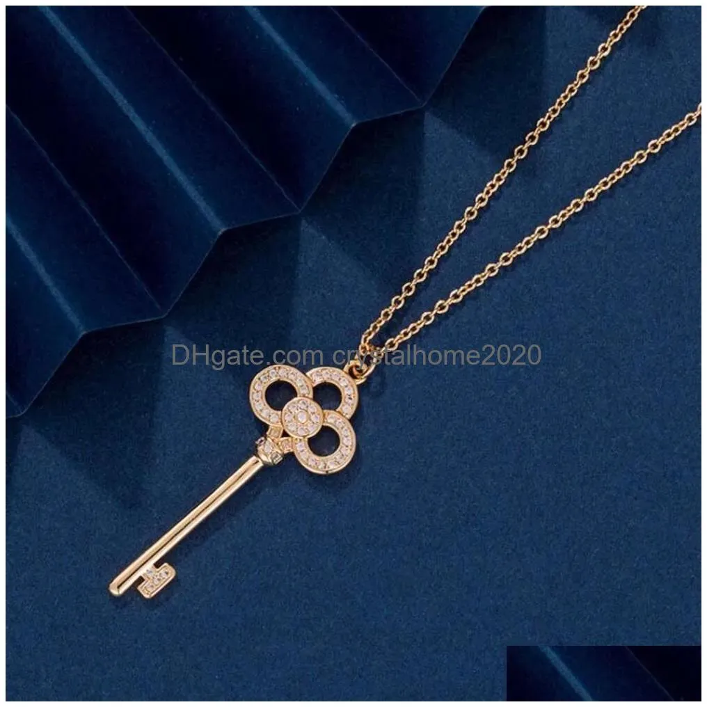 Ожерелье с семейным ключом Anyt, позолоченное 18-каратное инкрустированное бриллиантовое сердце, корона, подвеска Fl, воротник, Прямая доставка Dhunc
