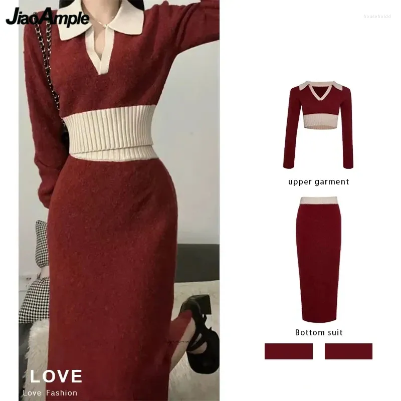 Sukienki robocze Kobiety wiosna jesienna Lucky Red Crop Knit Tops Połowa spódnice Dwuczęściowe zestawy koreańskie damskie sweter kombinezony dzianinowe stroje