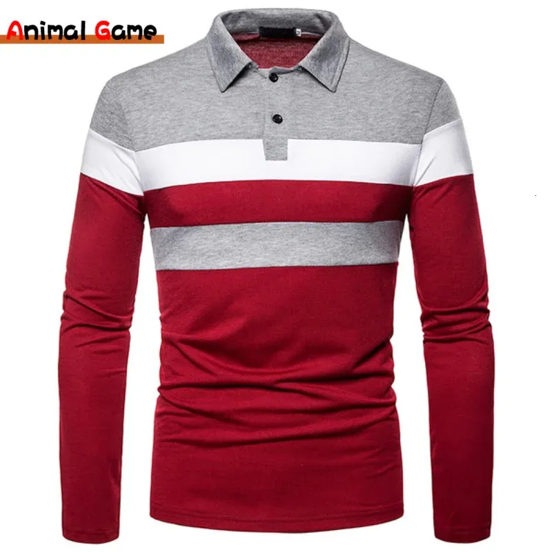 Otoño para hombre de manga larga en contraste Polo camiseta camisas casuales Fitness costura Top solapa hombres ropa 240226