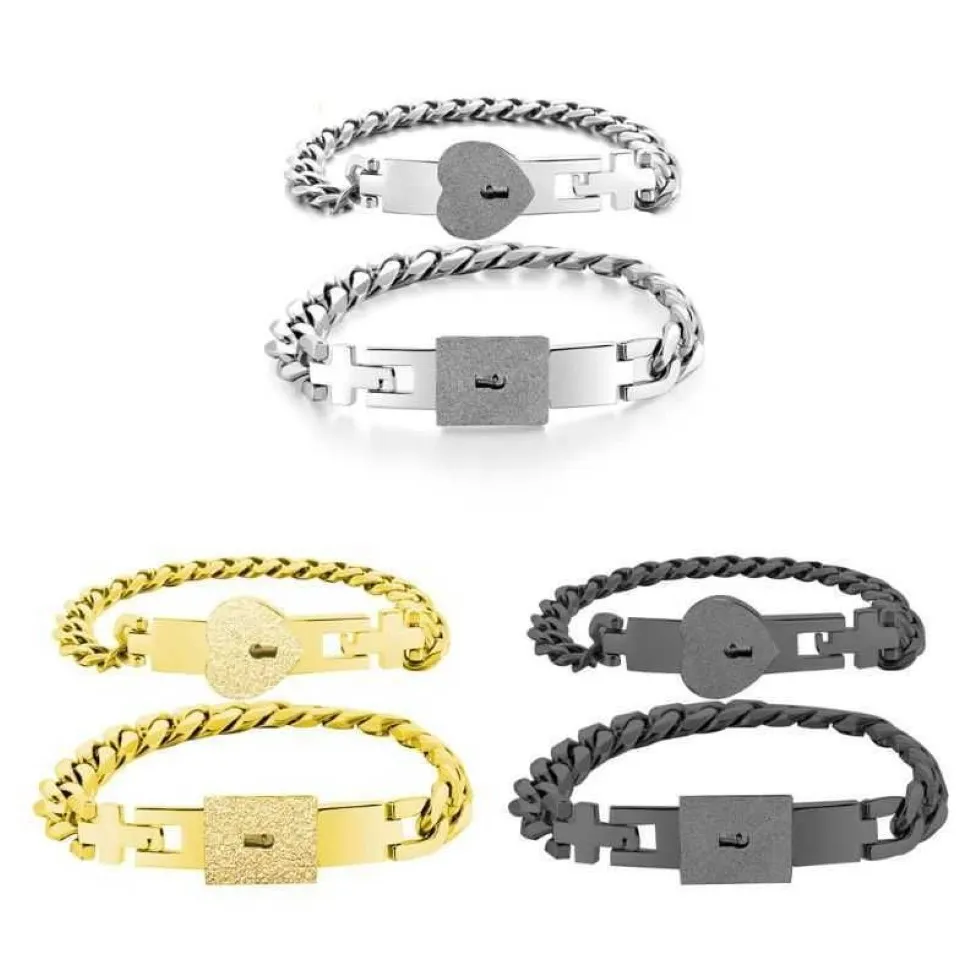 2 pièces ton acier inoxydable amant coeur amour serrure Bracelet avec serrure clé bracelets Kit Couple cadeau Q0717222g