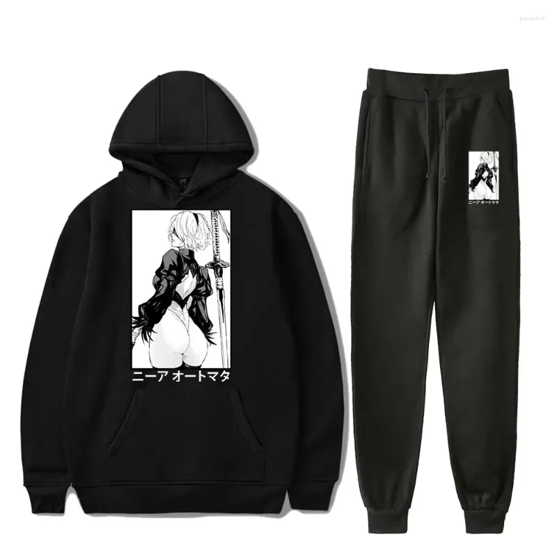 Men's Hoodies Nier 2B Gaming Waifu Anime Vintage 90s PULLOVER HOODIE Merch Set Men Women Pants Two-Piece