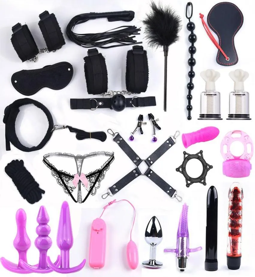 Vibratore Bondage Set 25 pezzi Giocattoli sessuali per donne Uomini Manette Morsetti per capezzoli Frusta Sculacciata Sesso Silicone Metallo Plug anale Butt Bdsm3021771