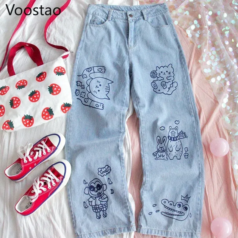 Jeans Japanische Süße Frauen Niedlichen Cartoon Drucken Hohe Taille Jeans Koreanische Mode Lose Gerade Hosen Mädchen Streetwear Casual Hosen