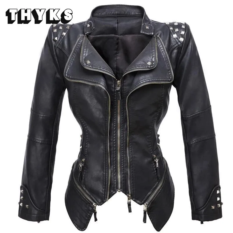 Veste de moto pour femmes en cuir Rivet manteau noir Faux PU vestes à glissière hiver automne gothique vêtements d'extérieur équipement grande taille manteau 240228