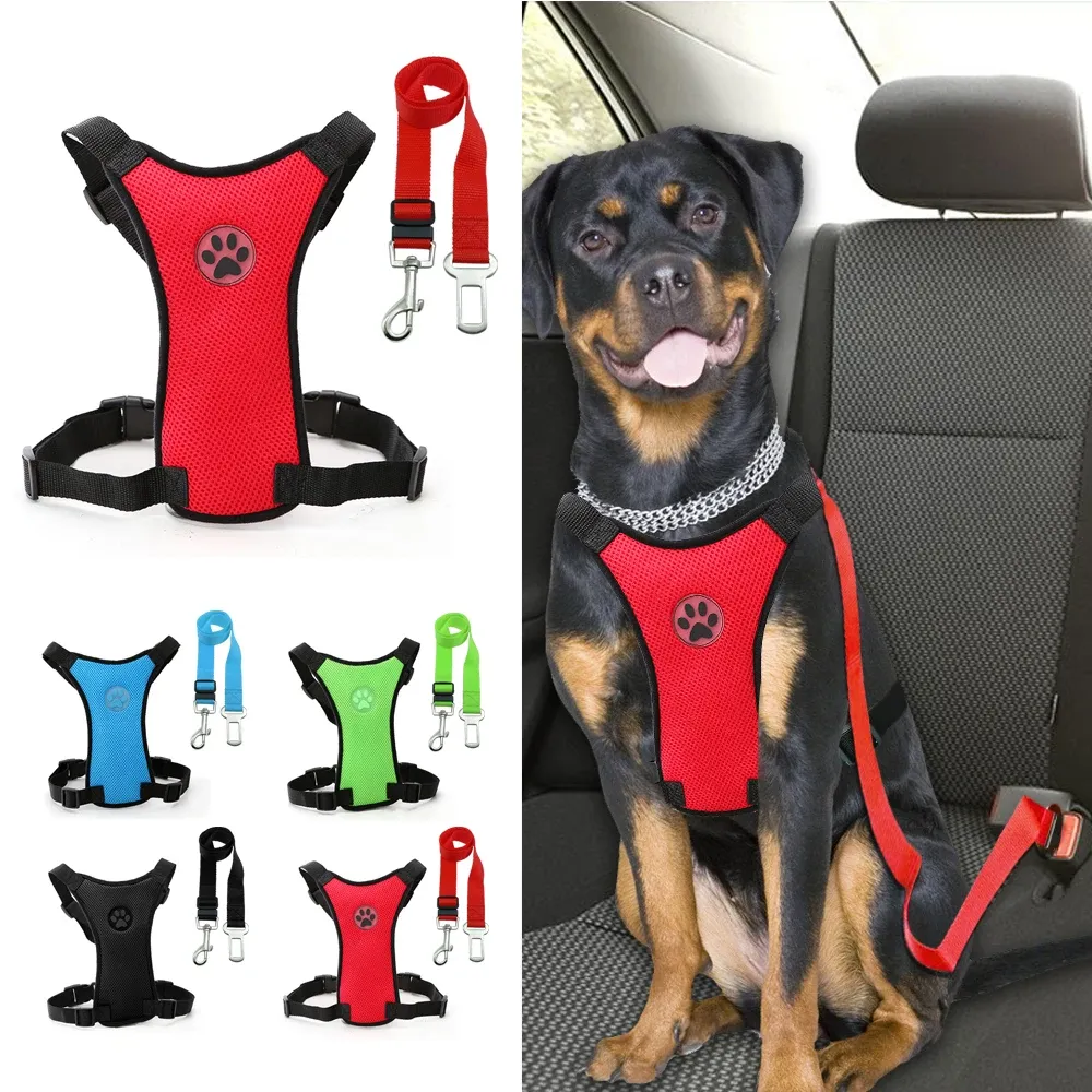 Sele Nylon andningsbara mesh hund Harness Vest Safety Pet Car Seat Belt Dog Treh Lead Justerbar fordonssele för medelstora stora hundar