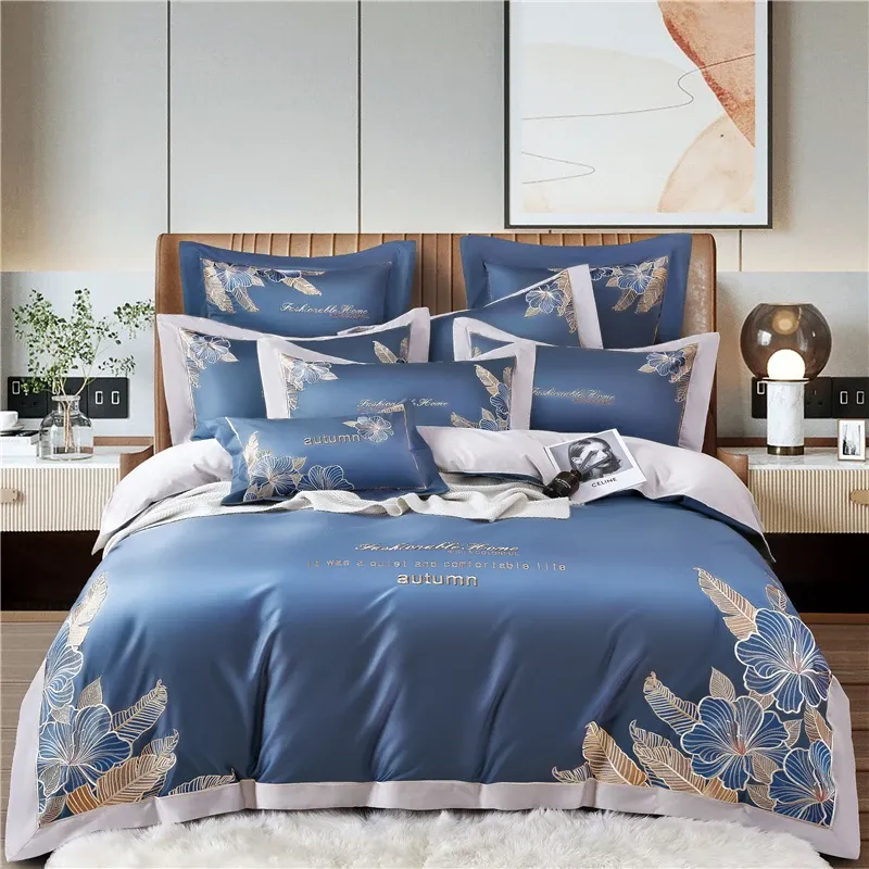 Set 140 Fadenzahl Langes Grundnahrungsmittel Baumwolle 4PCS Duvet Cover Flat Sheet Pillowcase Luxus Home Textil