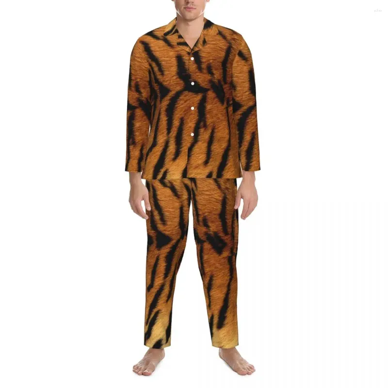 Pijamas masculinos tigre pele impressão outono padrão animal casual oversize conjuntos de pijama homem manga longa bonito lazer gráfico nightwear
