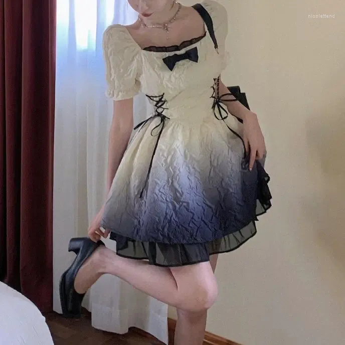 Festklänningar puff ärmar Gradientklänning tonåring Fairy Vestidos söta kvinnor lolita op flouncing spets trim kväll japansk harajuku