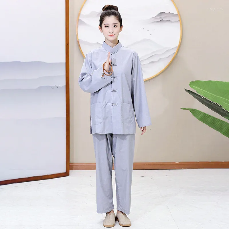 Etnische kleding vrouwen monniksgewaad kleding tops en broeken boeddhistische grijze Chinese boeddhisme arhat toga set uniform