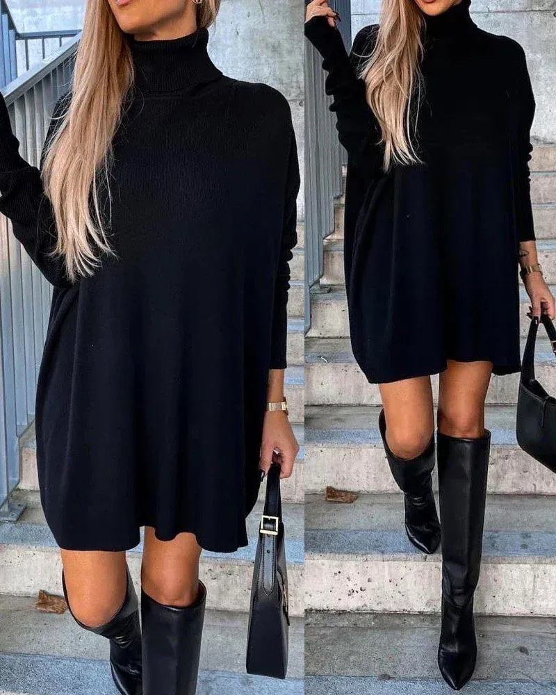 Dress Autumn Women High Neck Long Sleeve Knit Sweater Dress 2024 Femme Elegant Long Sleeve Midi Robe Office Lady Outfits traf